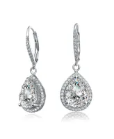 Genevive Sterling Silver white Gold Plated Pear Drop Cubic Zirconia Cluster Pear Leaver Back Earrings