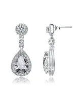 Genevive Sterling Silver White gold Plated Pear Drop Cubic Zirconia with Circle Post Earrings