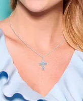 Sterling Silver Halo Birthstone Style Genuine Aquamarine and White Topaz Fancy Cut Cross Pendant Necklace