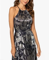 Betsy & Adam Metallic Floral Halter Gown