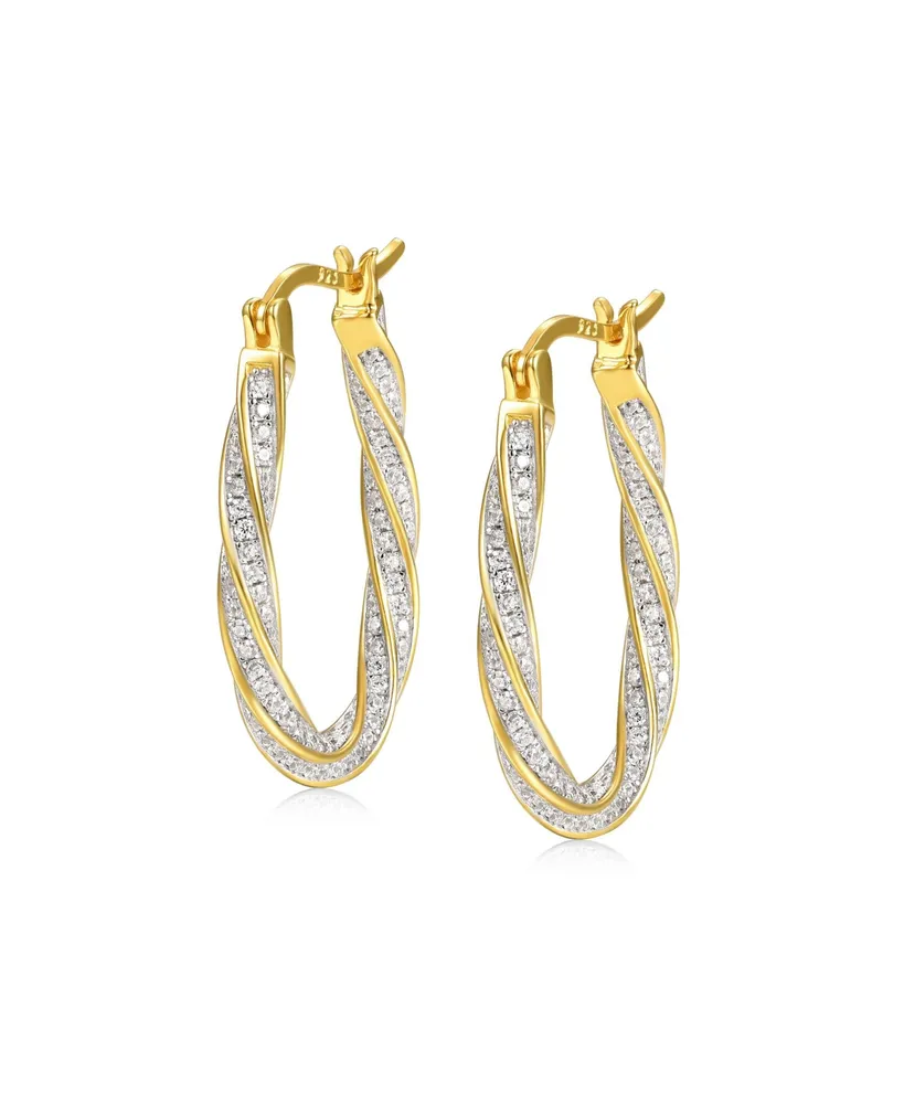 Genevive 14k Gold Plated with Cubic Zirconia Oval Oblong Twist Hoop Earrings in Sterling Silver