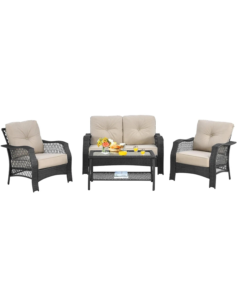 4PCS Patio Wicker Furniture Set Loveseat Sofa Coffee Table W/ Cushion