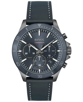 Hugo Boss Men's Troper Quartz Fashion Chronograph Blue Leather Strap Watch 45mm