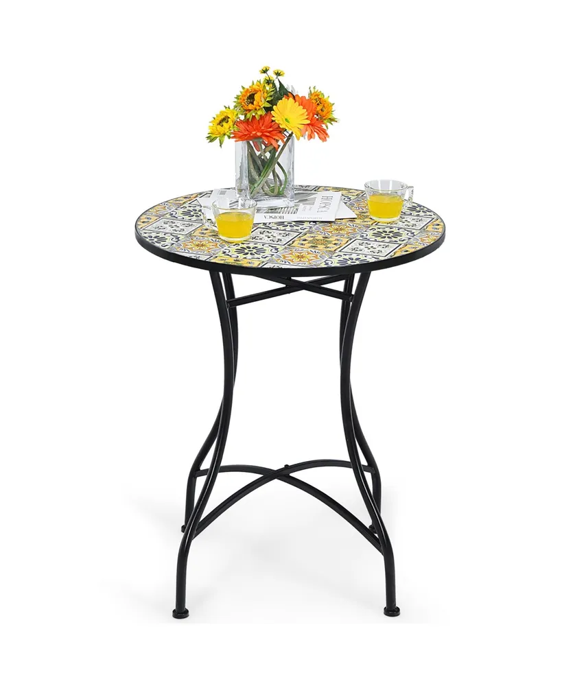 Costway 28.5'' Patio Round Mosaic Bistro Table Plant Stand Flower Pattern Garden