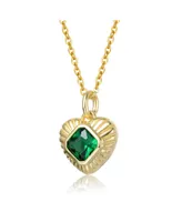 Genevive Sterling Silver 14k Yellow Gold Plated with Green Cubic Zirconia Sunray Heart Pendant Necklace