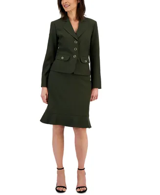 Le Suit Three-Button Jacket & Flounce-Hem Skirt, Regular Petite