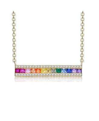 Genevive Sterling Silver Rainbow Cubic Zirconia Long Bar Pendant Necklace