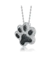 Genevive White Gold Plating with Black & White Cubic Zirconia Cat Dog Pet Paw Pendant Necklace in Sterling Silver