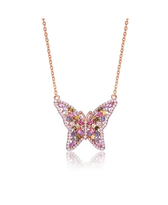 Genevive Long Lasting Sterling Silver 18K Rose Plated Multi Color Cubic Zirconia Butterfly Necklace