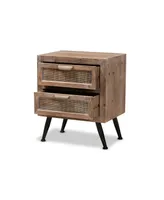 Baxton Studio Calida Mid-Century Modern 22.8" Whitewashed Finished Wood and Rattan 2-Drawer Nightstand