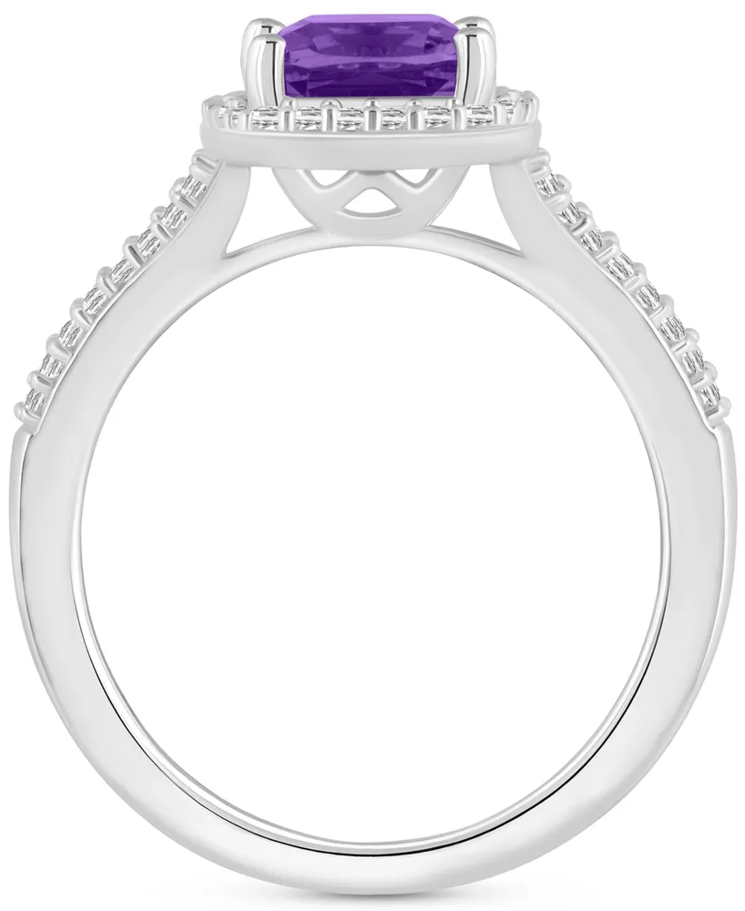 Amethyst (1-1/2 ct. t.w.) & Diamond (1/4 Cushion Halo Split Shank Ring Sterling Silver (Also Citrine, Garnet, Peridot, Blue Topaz)