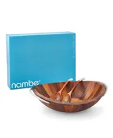 Nambe Braid 20" 3 piece Wood Salad Bowl with Servers