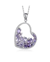 Genevive Sterling Silver with White Gold Plating Purple Oval with Clear Round Cubic Zirconia Open Heart Necklace