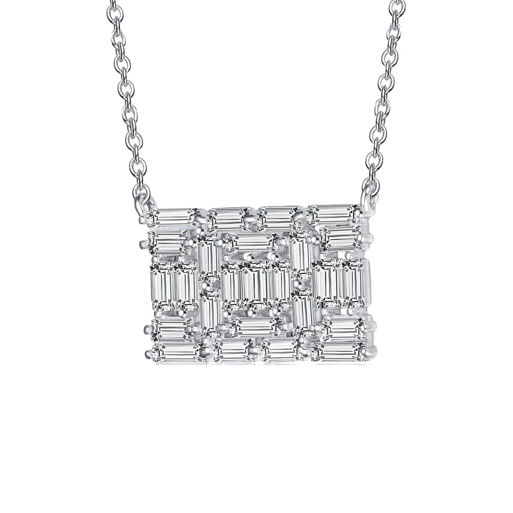 Genevive Sterling Silver with White Gold Plating Clear Green Cubic Zirconia Rectangular Cluster Necklace