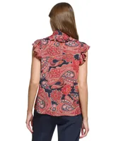 Tommy Hilfiger Women's Paisley-Print Tie-Neck Ruffle Top