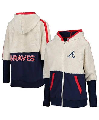 Women's G-iii 4Her by Carl Banks Oatmeal, Navy Atlanta Braves Shuffle It Raglan Full-Zip Hoodie