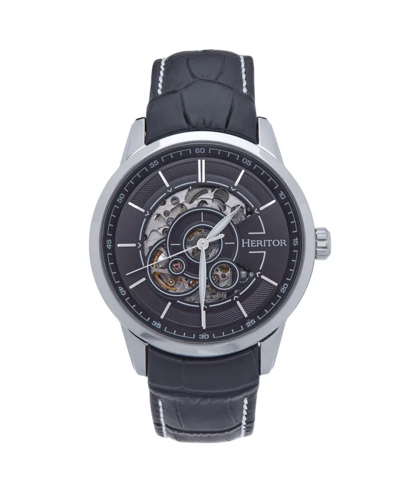 Heritor Automatic Men Davies Leather Watch - Silver/Black, 44mm