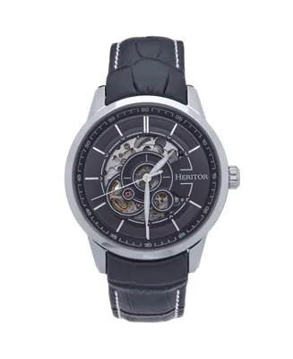 Heritor Automatic Men Davies Leather Watch - Silver/Black, 44mm