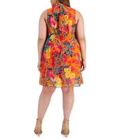 Robbie Bee Plus Printed Chiffon Mock-Neck Dress