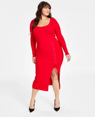 Bar Iii Plus Rib-Knit Lace-Up Sweater Dress, Created for Macy's
