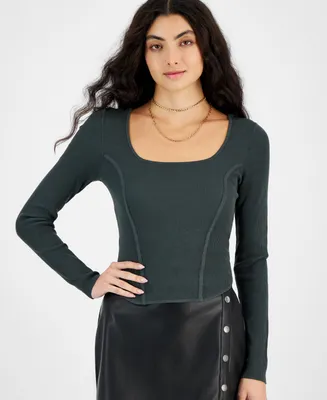 Bar Iii Women's Ribbed Square-Neck Long-Sleeve Sweater, Created for Macy's
