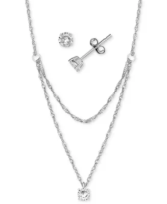Giani Bernini 2-Pc. Set Cubic Zirconia Layered Necklace & Solitaire Stud Earrings in Sterling Silver, Created for Macy's