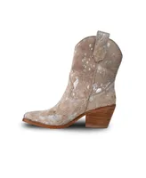 Women's Beige Leather Western Boots With Silver Splashes, Calf By Bala Di Gala