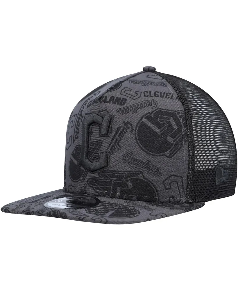 Men's New Era Black Cleveland Guardians Repeat A-Frame 9FIFTY Trucker Snapback Hat