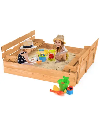 Costway Kids Large Wooden Sandbox w/Cover 2 Convertible Bench Seats for Outdoor Play