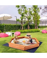 Costway Hexagon Wooden Cedar Sand Box w Seat Boards & Cover & Ground Liner