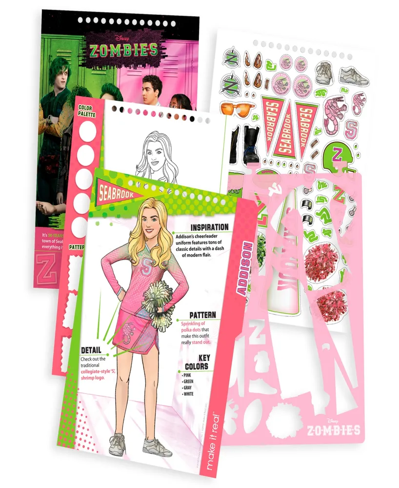 Disney Zombie Fashion Design Sketchbook Make It Real, includes 90 Stickers Stencils, Zoms Vs. Poms, Draw Sketch Create, Fashion Coloring Book, Tweens