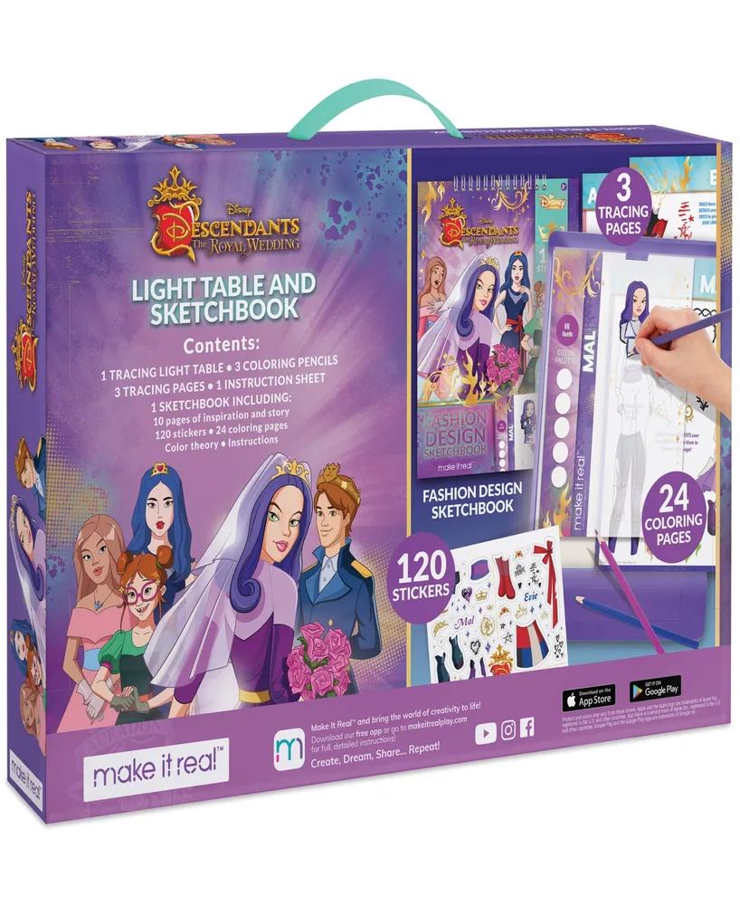 Disney Descendants Royal Wedding Light Table Sketchbook 9 Piece Set, Make It Real, Stickers Coloring Pencils, Lights Up For Easy Tracing, Draw Sketch