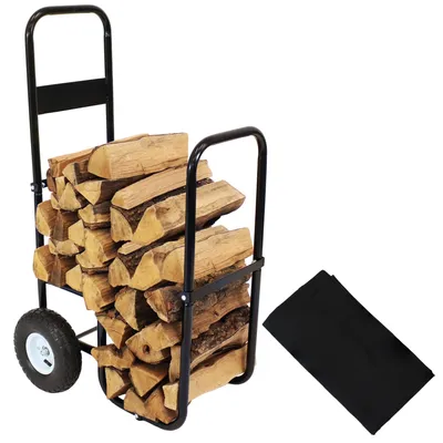 Sunnydaze Decor Steel Log Cart Carrier and Storage Rack with Wheels and Cover