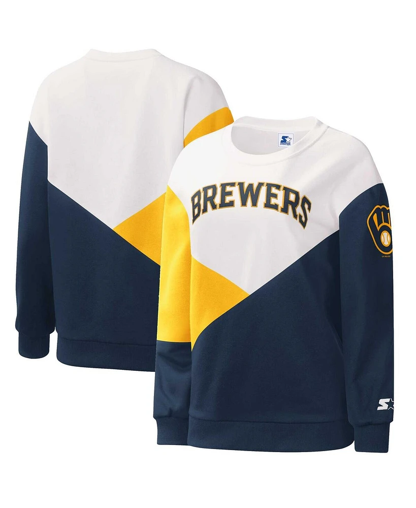 Women's Starter White, Navy Milwaukee Brewers Shutout Pullover Sweatshirt