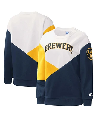 Women's Starter White, Navy Milwaukee Brewers Shutout Pullover Sweatshirt