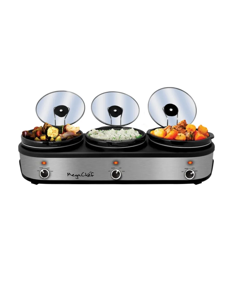 MegaChef Triple 2.5 Quart Slow Cooker and Buffet Server in Brushed Silver and Black Finish with 3 Ceramic Cooking Pots and Removable Lid Rests