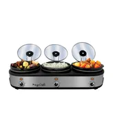 Megachef Triple 2.5 Quart Slow Cooker and Buffet Server in Brushed Silver and Black Finish with 3 Ceramic Cooking Pots and Removable Lid Rests