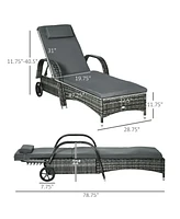 Outsunny Reclining Chaise Lounge Chair, Thickly Cushioned, Headrest, Armrests, Rolling Outdoor Plastic Rattan Sun Bathing Chair with Wheels for Poolsi