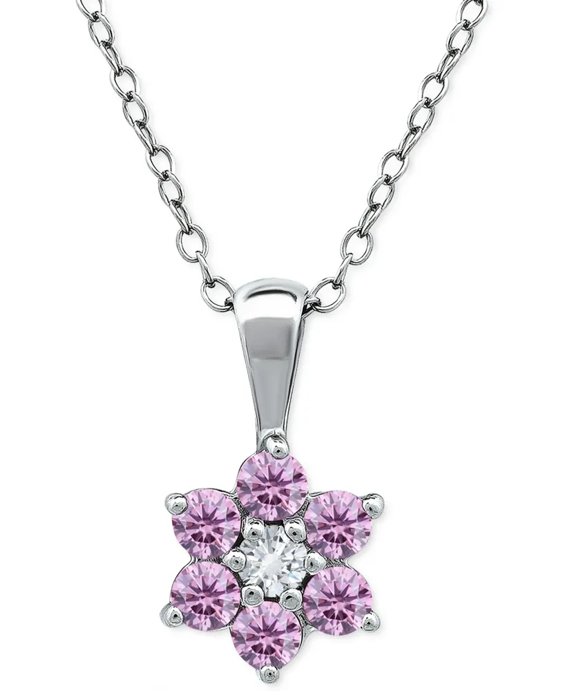 Giani Bernini Pink & White Cubic Zirconia Flower Necklace in Sterling Silver, 16" + 2" extender, Created for Macy's