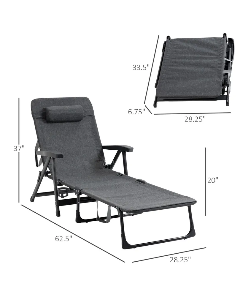 Outsunny Outdoor Folding Chaise Lounge Chair, Mesh Fabric Pool Chair with Adjustable Backrest, Pillow and Cup Holder for Poolside, Deck, and Backyard,