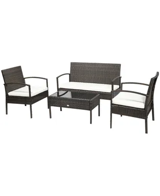 Outsunny Patio Porch Furniture Sets 4-pcs Rattan Wicker Chair w/ Table Conversation Set for Yard, Pool or Backyard Indoor/Outdoor Use- Brown