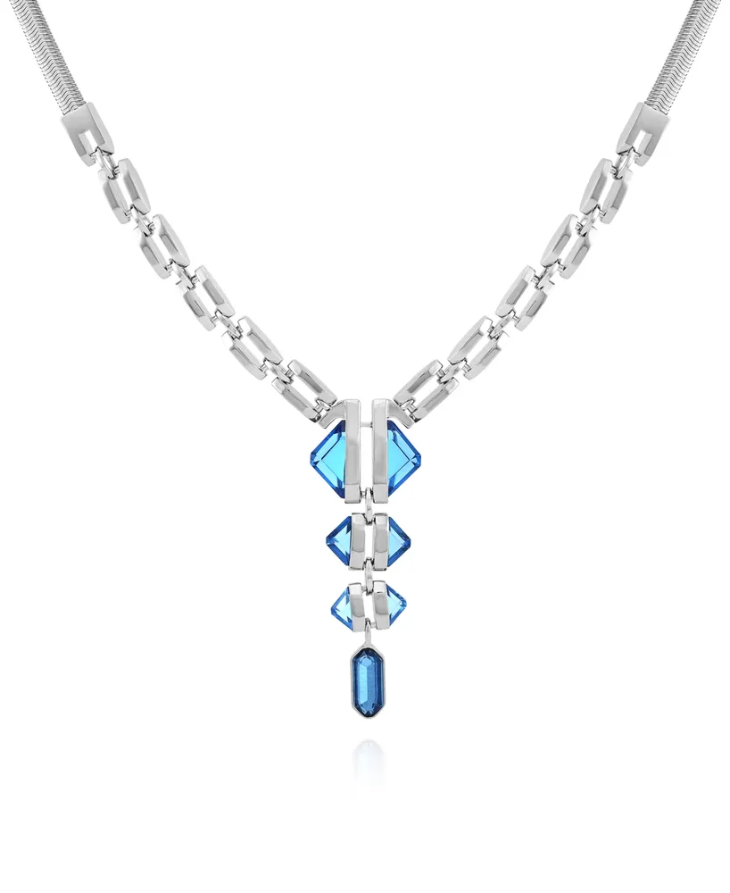 Vince Camuto Imitation Light Sapphire Epoxy Pendant Silver-Tone Thick Snake Chain Necklace