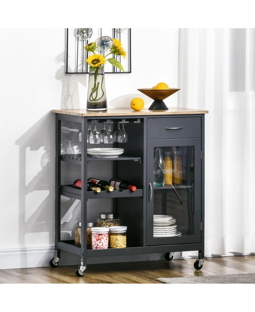 Homcom Utility Kitchen Cart, Rolling Kitchen Island Storage Trolley with Wine Rack, Shelves, Drawer and Cabinet