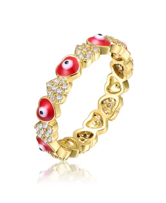 Rachel Glauber Ra Young Adults/Teens 14k Yellow Gold Plated with Cubic Zirconia Colorful Enamel Evil Eye Repeating Hearts Stacking Ring