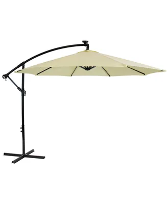 Outdoor Cantilever Offset Patio Umbrella with Solar Led Lights - Outside Waterproof Polyester Shade Steel Pole Air Vent, Cross Base and Crank