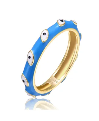 Rachel Glauber Ra Young Adults/Teens 14k Yellow Gold Plated Blue Bamboo White Evil Eye Enamel Slim Stacking Band Ring