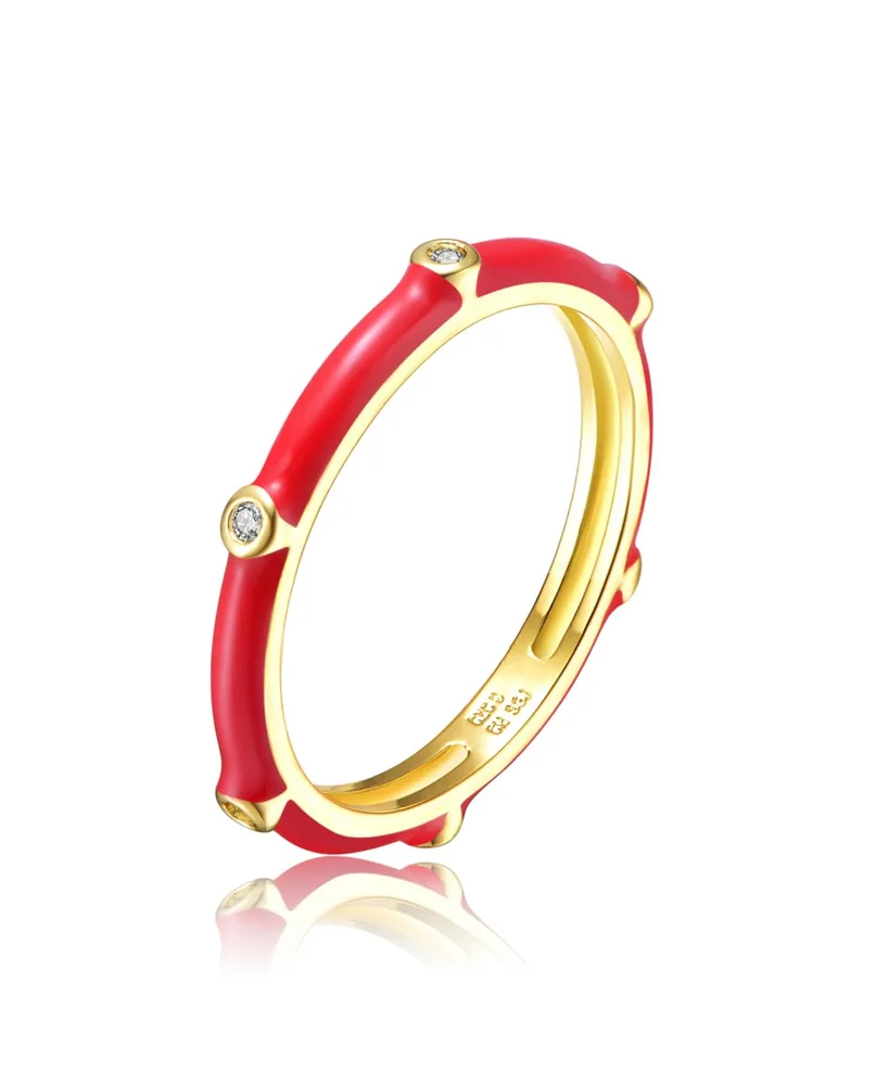Rachel Glauber Ra 14k Yellow Gold Plated with Cubic Zirconia Red Enamel Bamboo Kids/Young Adult Stacking Ring