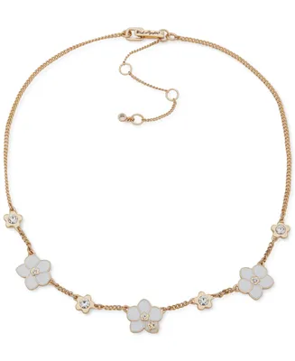 Karl Lagerfeld Paris Gold-Tone Pave White Flower Logo Statement Necklace, 16" + 3" extender