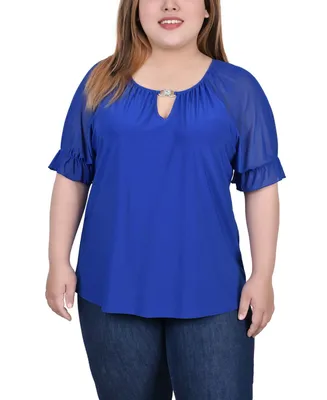 Ny Collection Plus Size Short Ruffle Sleeve Top with Rhinestones