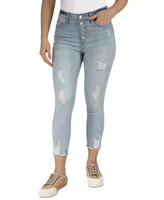 Indigo Rein Juniors' High Rise Button Fly Distressed Cropped Jeans